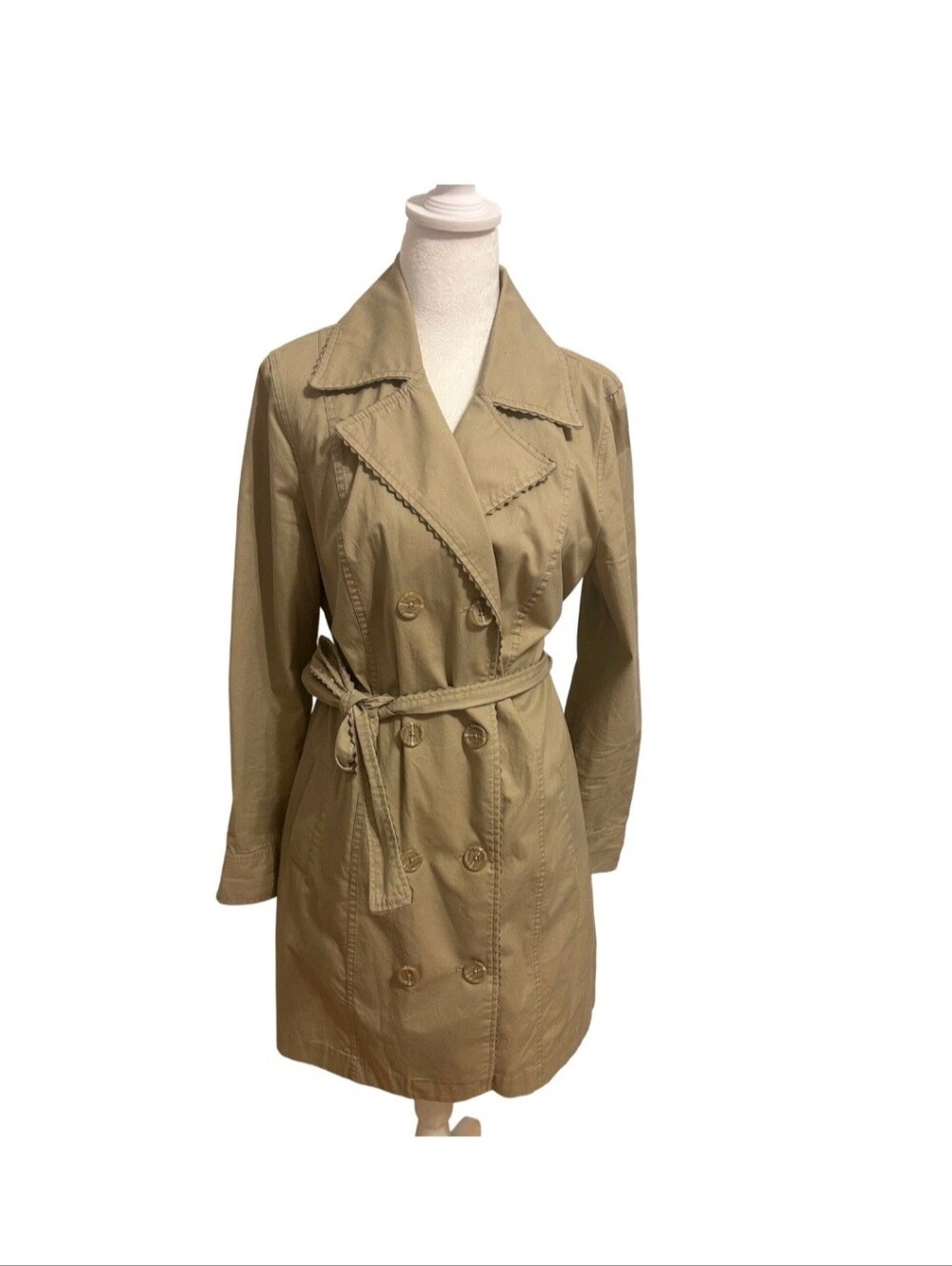 Sonoma Trench Coat Mid Length Khaki Beige 100% Cotton Women's Size Medium EUC